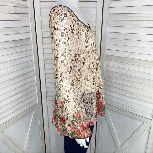Blu Pepper Leopard Roses Print Sheer Blouse Small Beige Red Back Cutout - Picture 3 of 10